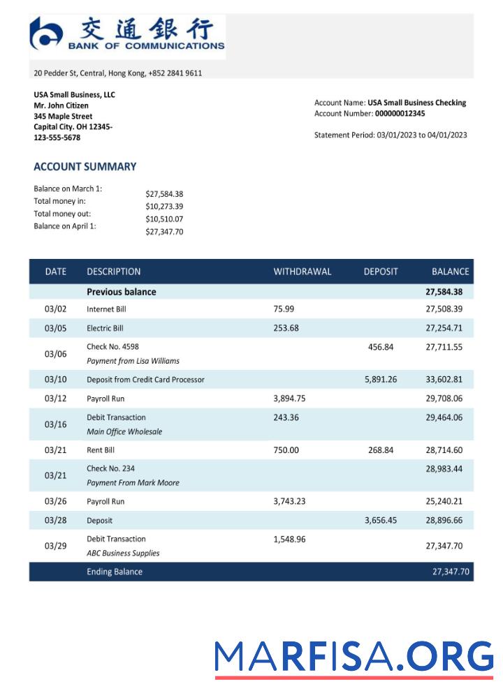 Blank BANK of Communications bank enterprise account statement Word and PDF template